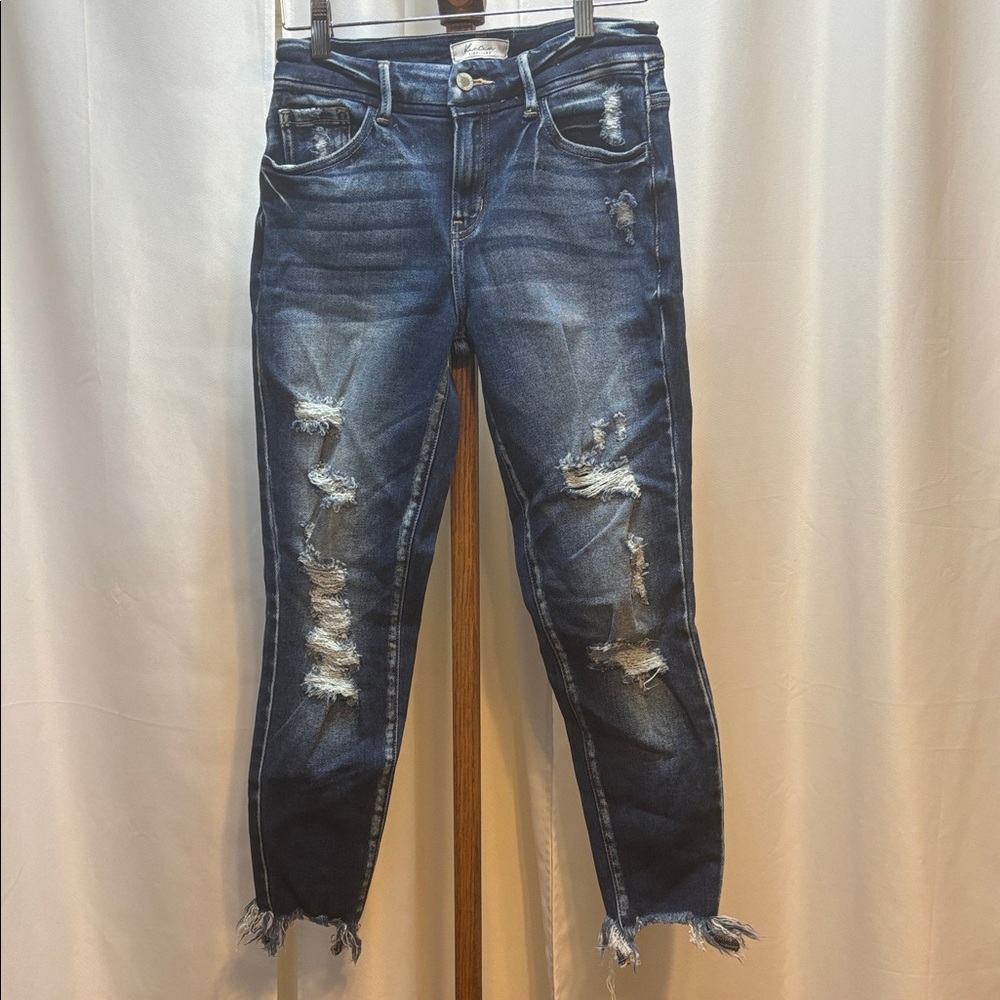 KanCan Women’s Distressed Mid Rise Ankle Skinny Jeans in Deep Blue